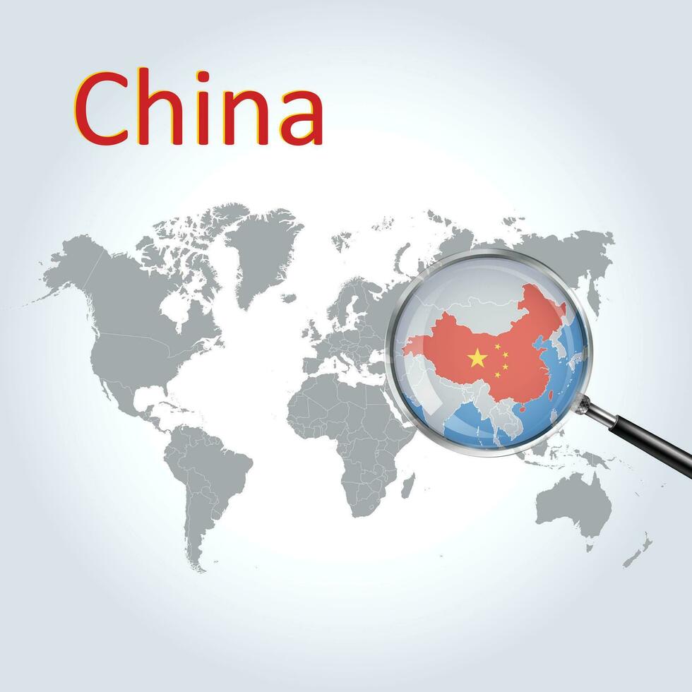 A Magnifying Glass on China of the World Map, Zoom China map with a gradient background and China flag on the map, Vector art