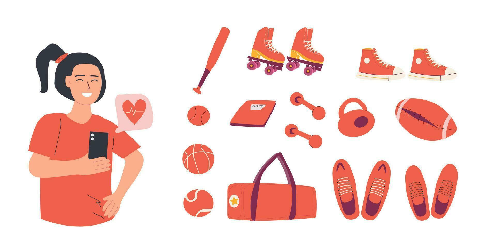 sport fitnes equipment and woman with fitnes mobile app. Vector illustration in flat style. Sport balls, weight, rollers, dumbells. sport shoes, woman holding smartphone with mobille app for fitnes.