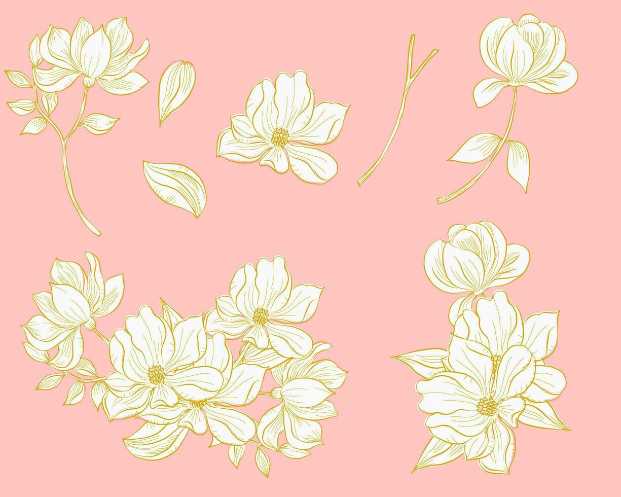 mano dibujado oro magnolia flor vector