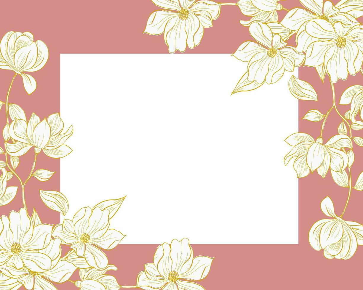 mano dibujado oro magnolia flor frontera vector