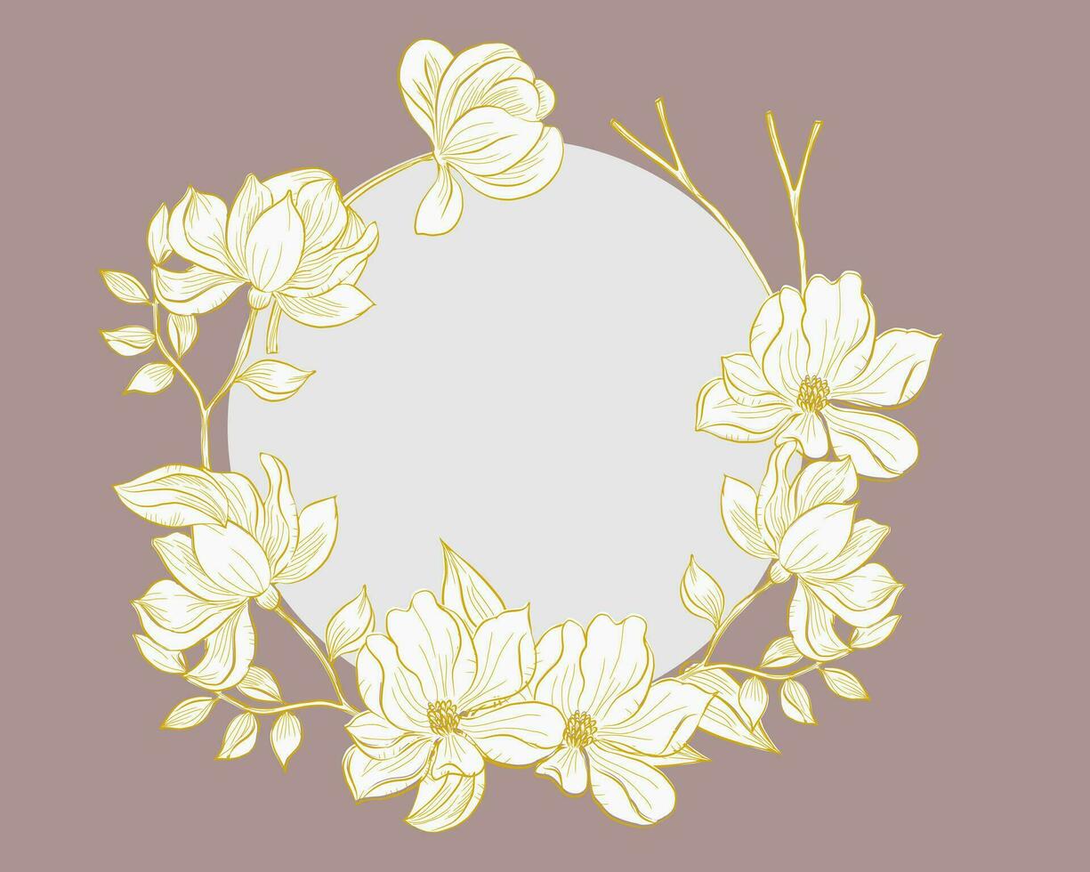 Hand Drawn Gold Magnolia Flower Wreath vector