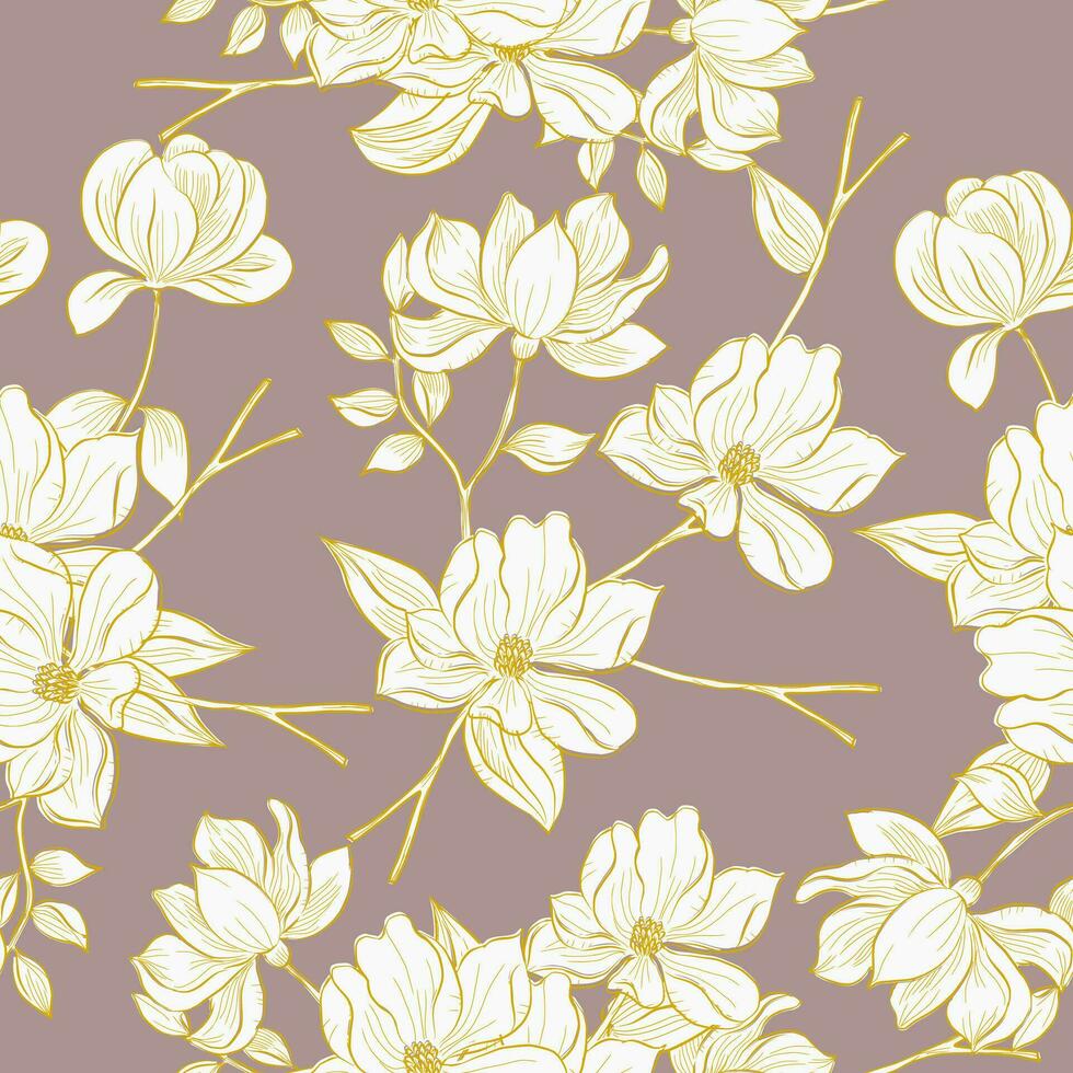mano dibujado oro magnolia flor sin costura modelo vector