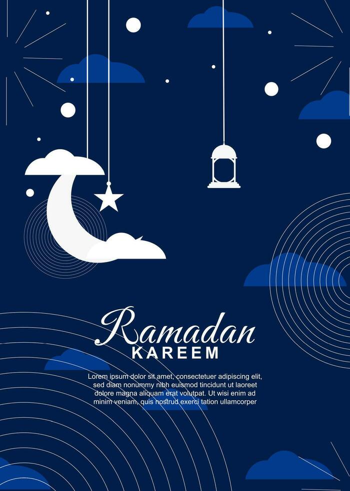 Ramadan kareem greeting card. Ramadan poster design with crescent moon, lanterns and stars. Vector illustration