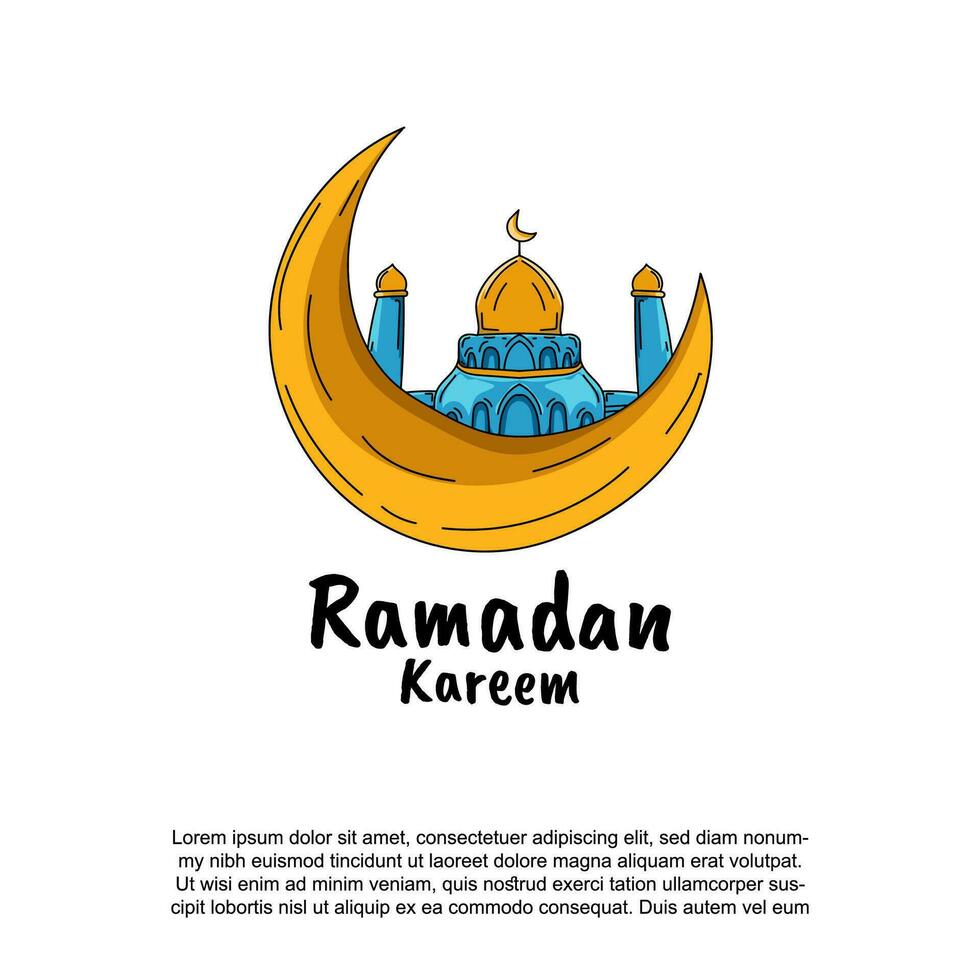 Ramadan kareem greeting card. Ramadan poster design with crescent moon and mosque hand drawn style vector