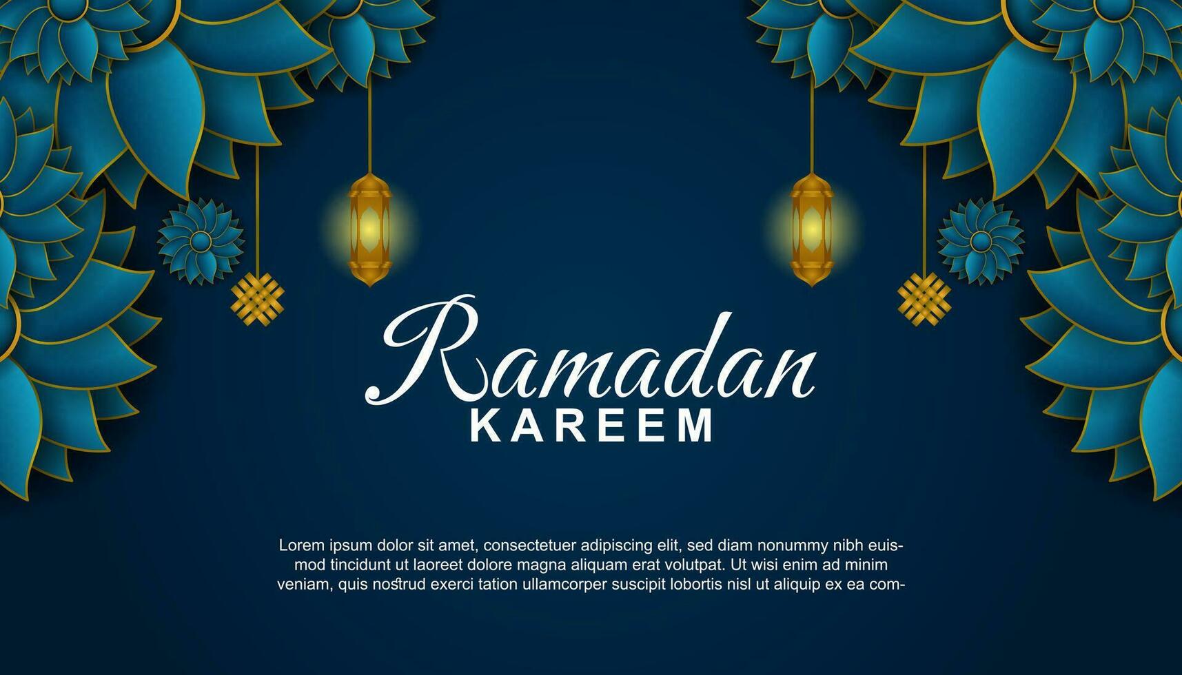 Ramadán Kareem, islámico bandera antecedentes con oscuro azul color y 3d flor marco. vector ilustración