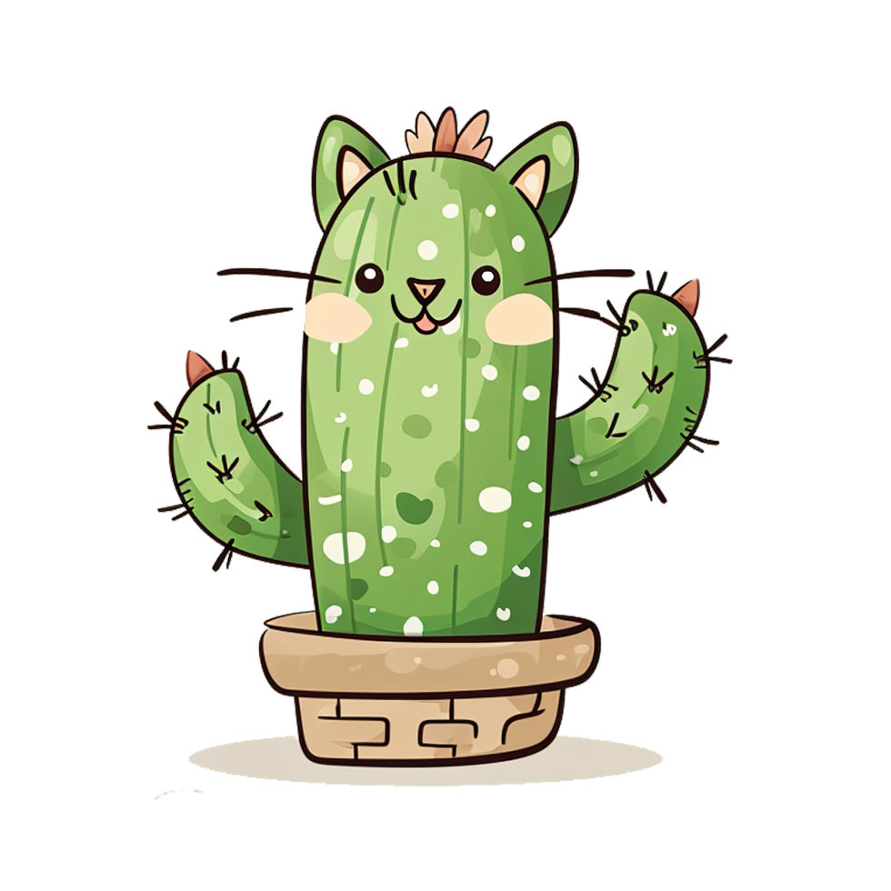 AI generated cartoon illustration of an cactus in the shape of a cat png