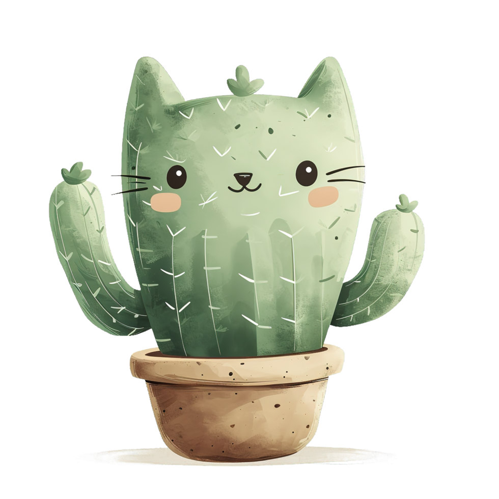 AI generated cartoon illustration of an cactus in the shape of a cat png