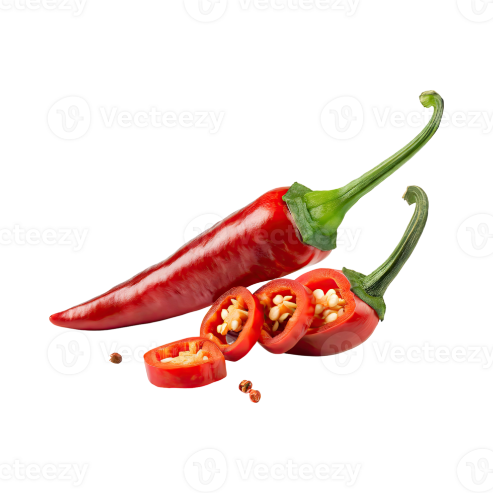 AI generated Red Chilies Pepper With A Green Stem With Sliced Red Chilies png