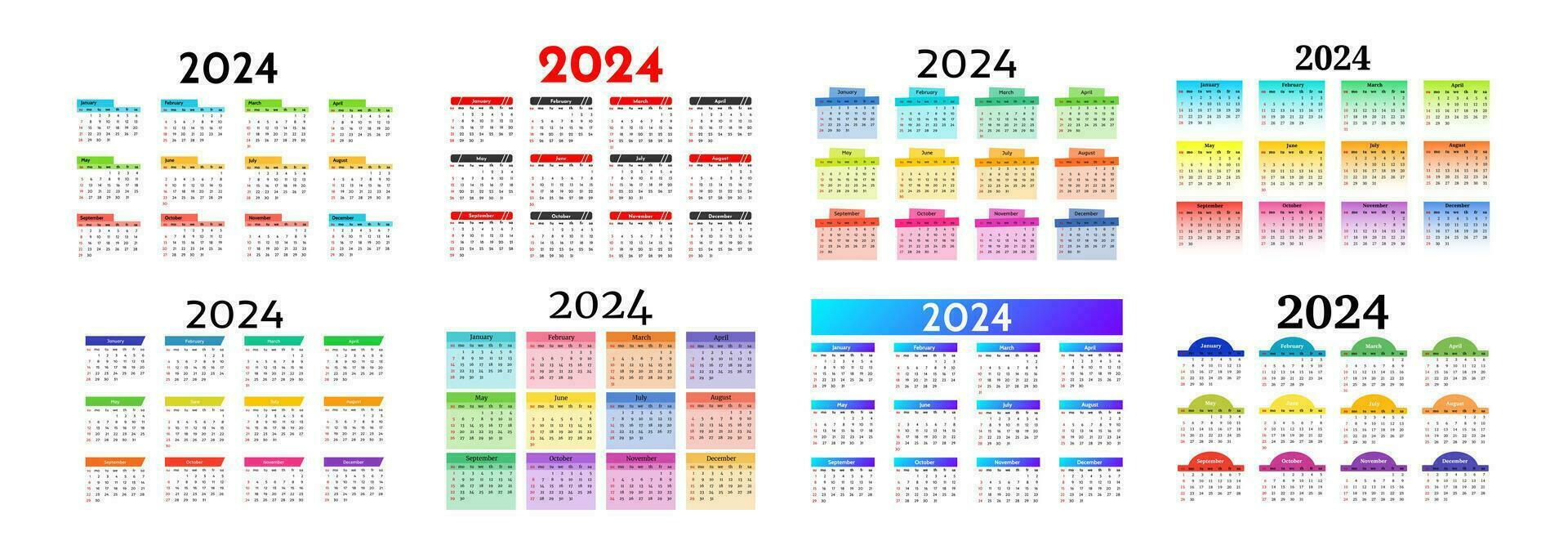 Set of eight calendars for 2024 isolated on a white background. Sunday to Monday, business template. Vector illustration