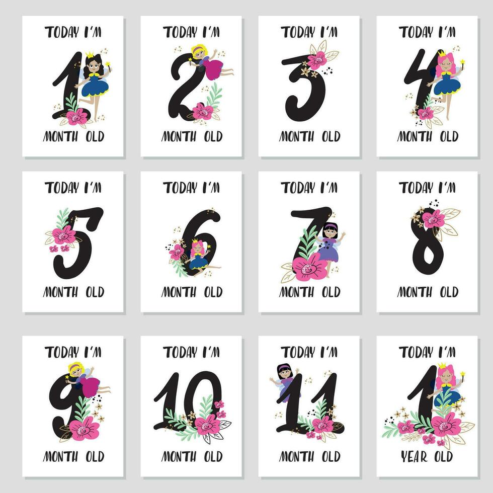 Baby milestone cards with flowers and numbers, fairys. Baby shower print vector