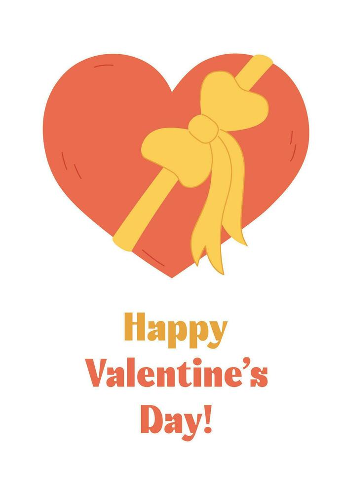 Happy Valentines Day greeting card. Cute doodle heart with tied gift bow and text. February 14 celebration card for loved one, sweetheart. Romantic vector flat illustration