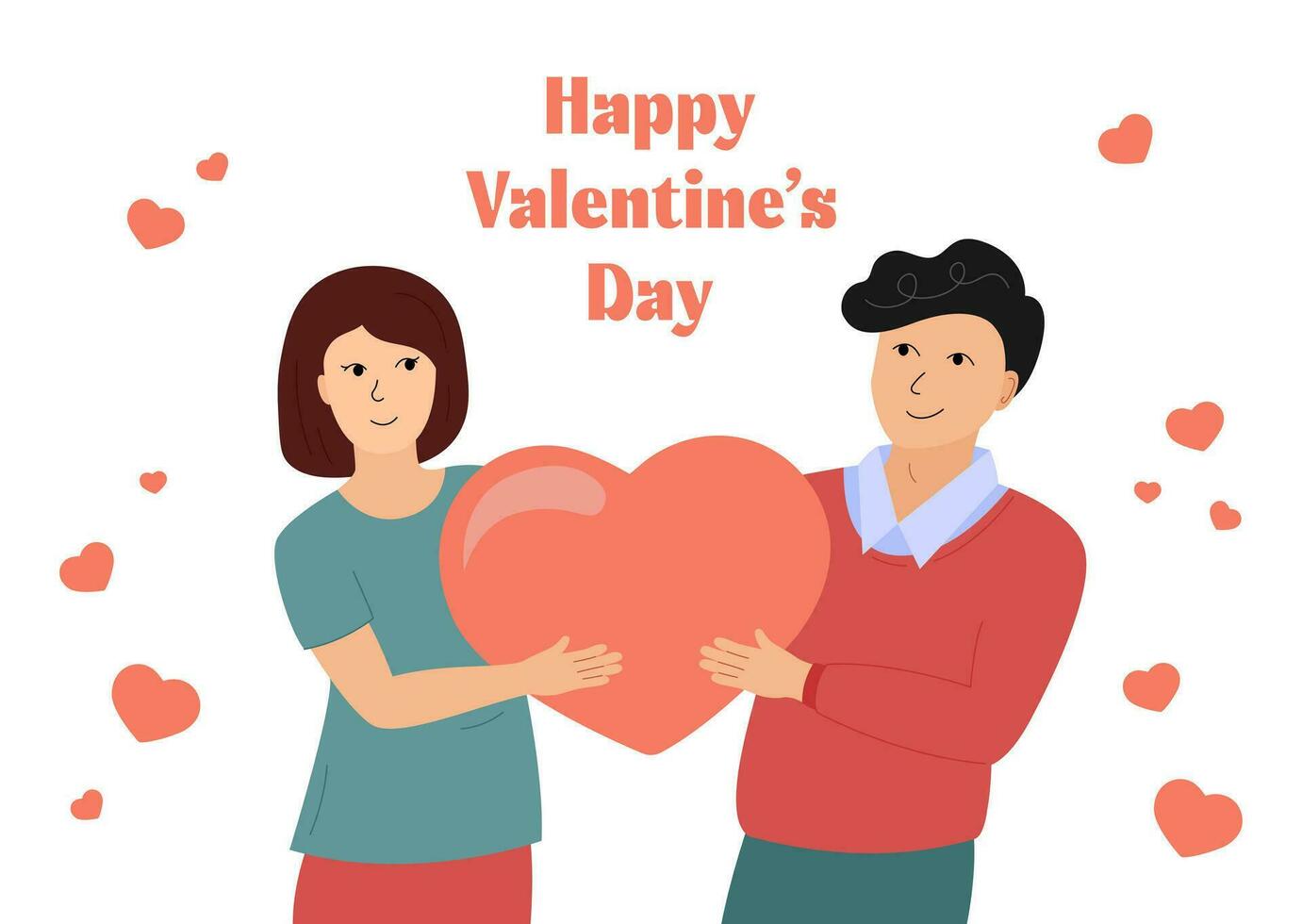 contento san valentin día saludo tarjeta. Pareja en amor. sonriente mujer y contento hombre participación enorme corazón juntos. novios plano vector ilustración. enamorado celebracion romántico póster, bandera