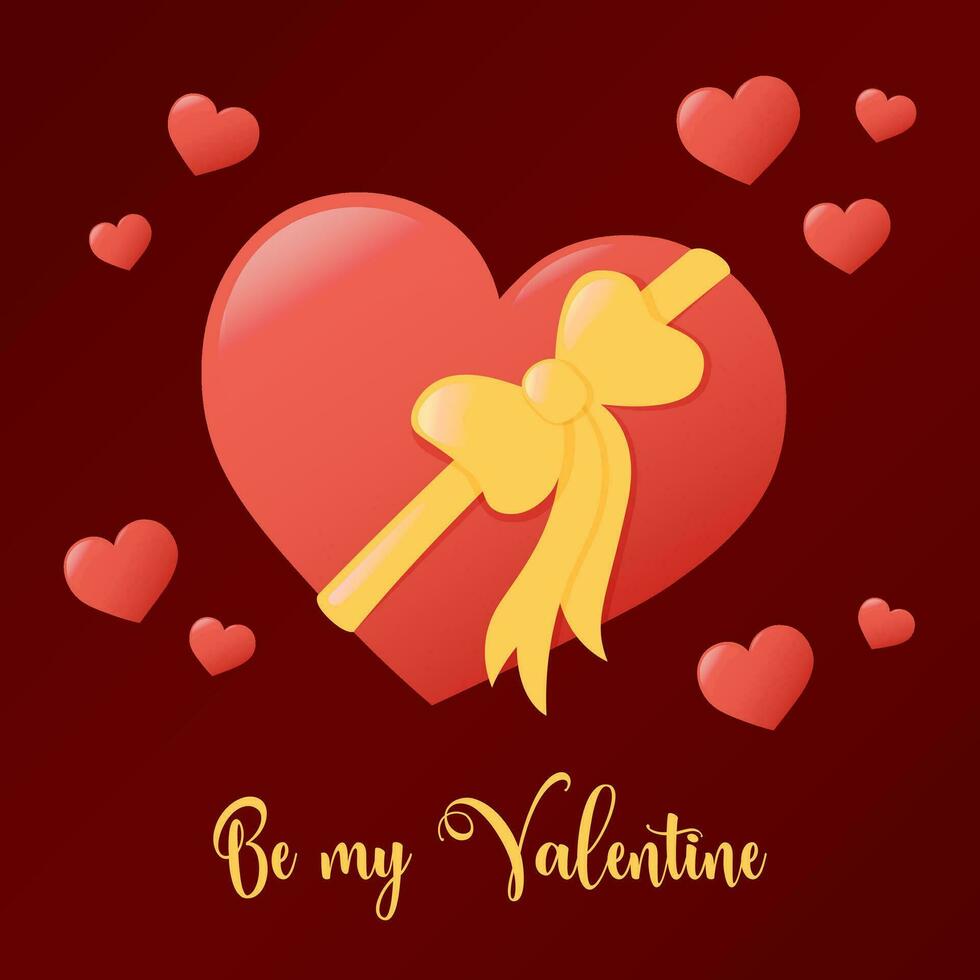 Be My Valentine square card. Red heart with golden bow and text. Romantic Valentine Day February 14 celebration Vector illustration.