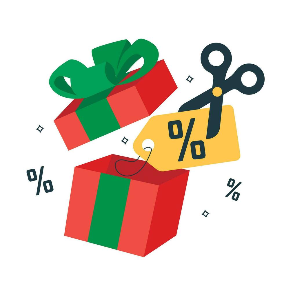 estacional descuentos precio reducciones, especial fiesta ofertas regalo caja, tijeras corte precio etiqueta con por ciento firmar y gráfico elementos. vector gráfico.