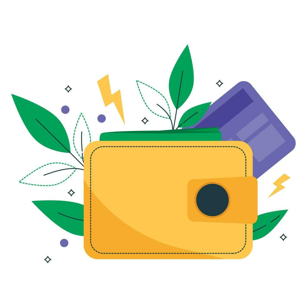 Financial growth. Illustration for the financial industry. Wallet, money, credit or debit card and leaves. Vector graphics.