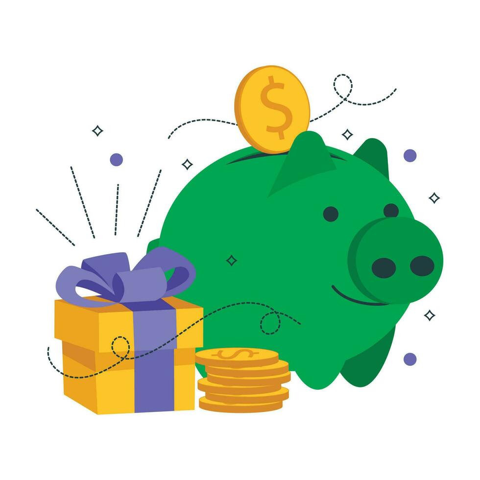 financiero crecimiento. ilustración para el financiero industria. cerdito banco, monedas y regalo. vector gráfico.