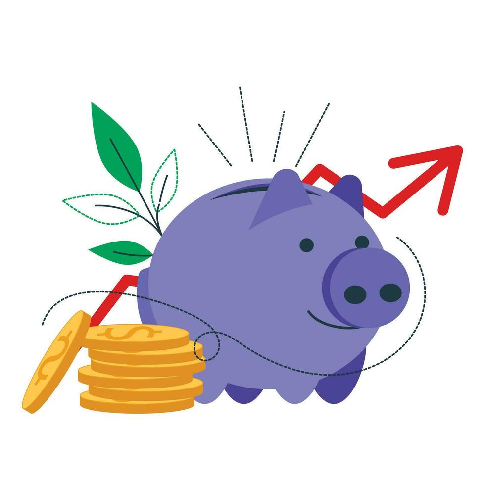 financiero crecimiento. ilustración para el financiero industria. cerdito banco, monedas, crecimiento flecha y hojas. vector gráfico.