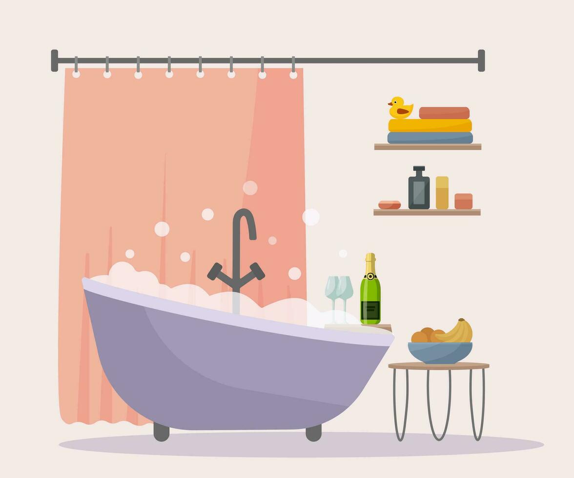 Stylish bathroom in flat vector style. Accessories shampoo, shower gel, soap, shelf, stool, vase, towel. Romance with your loved one.