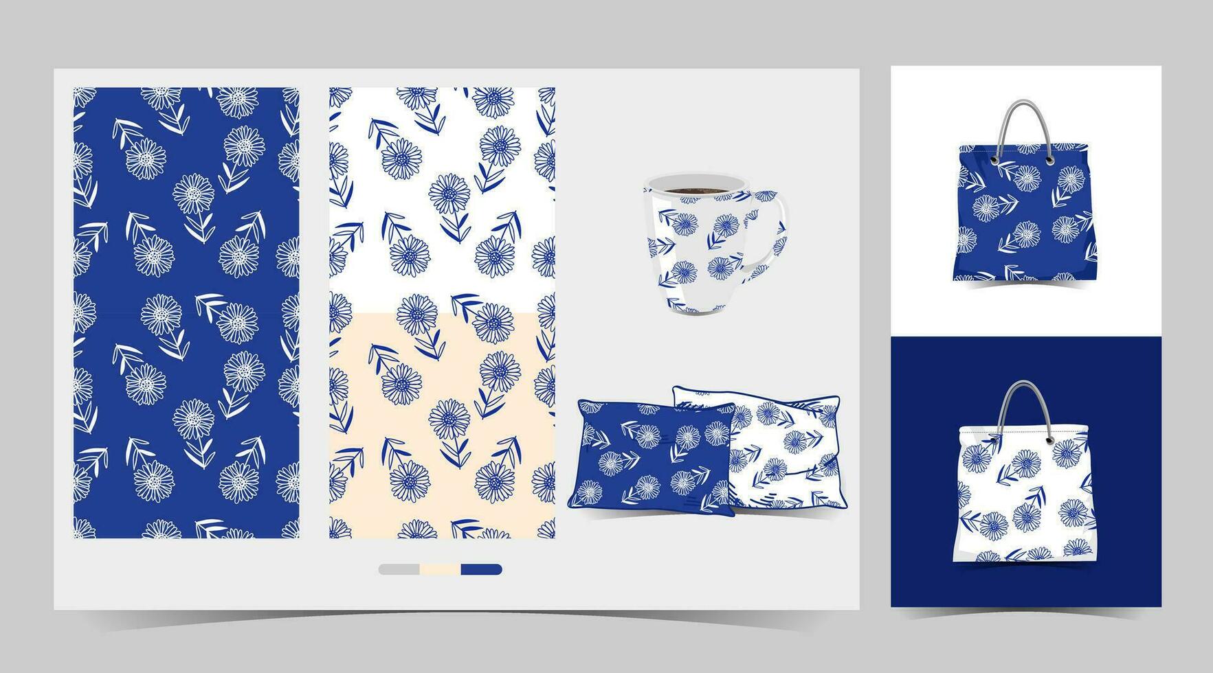 un azul y blanco modelo floral con un taza y bolso vector