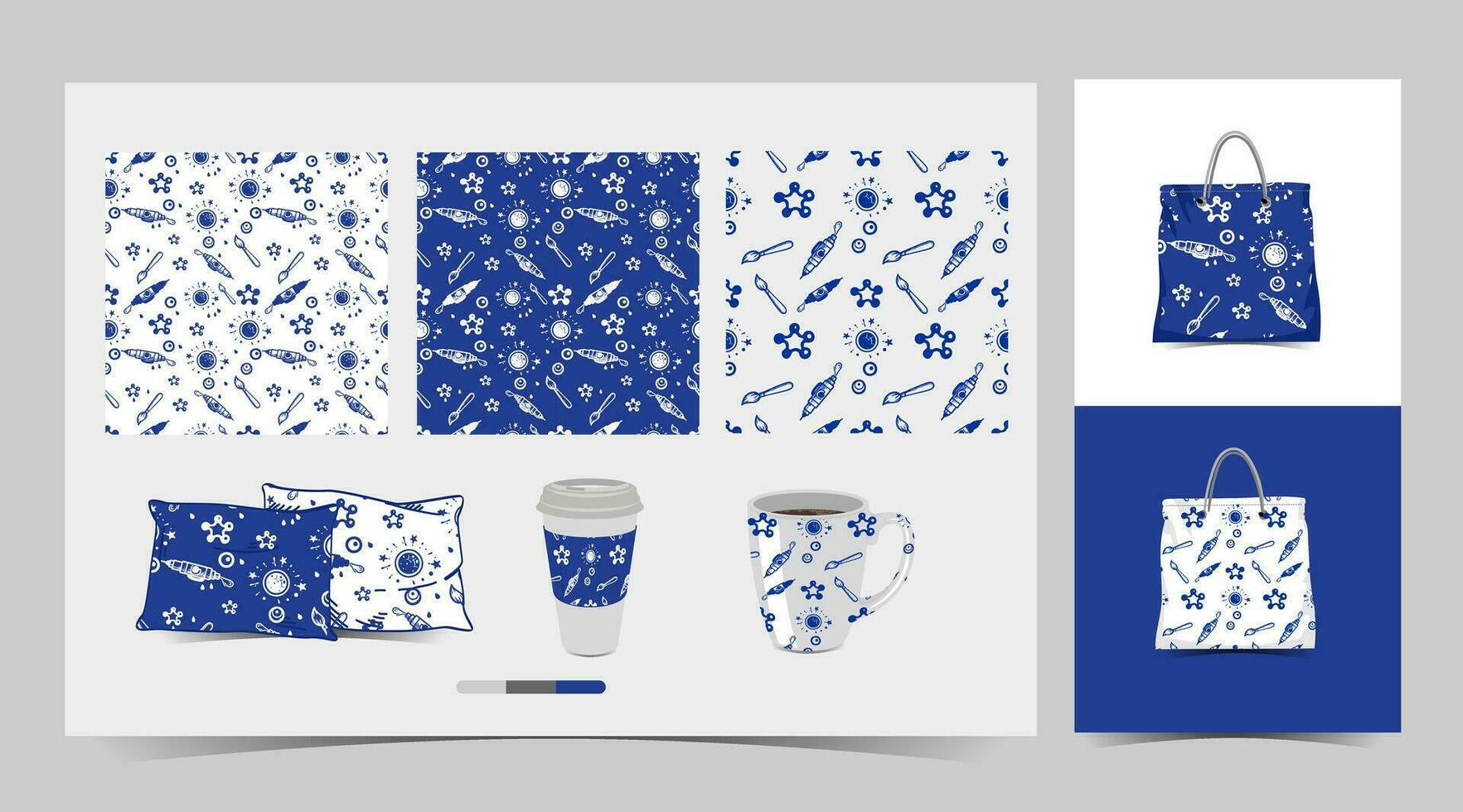 a set of blue and white doodles patterned products vector