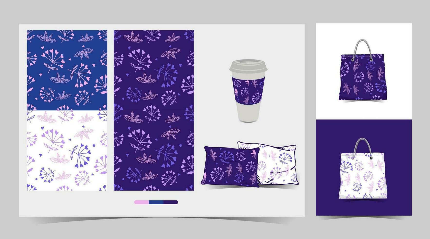 a blue and white pattern floral with a cup and bag vector