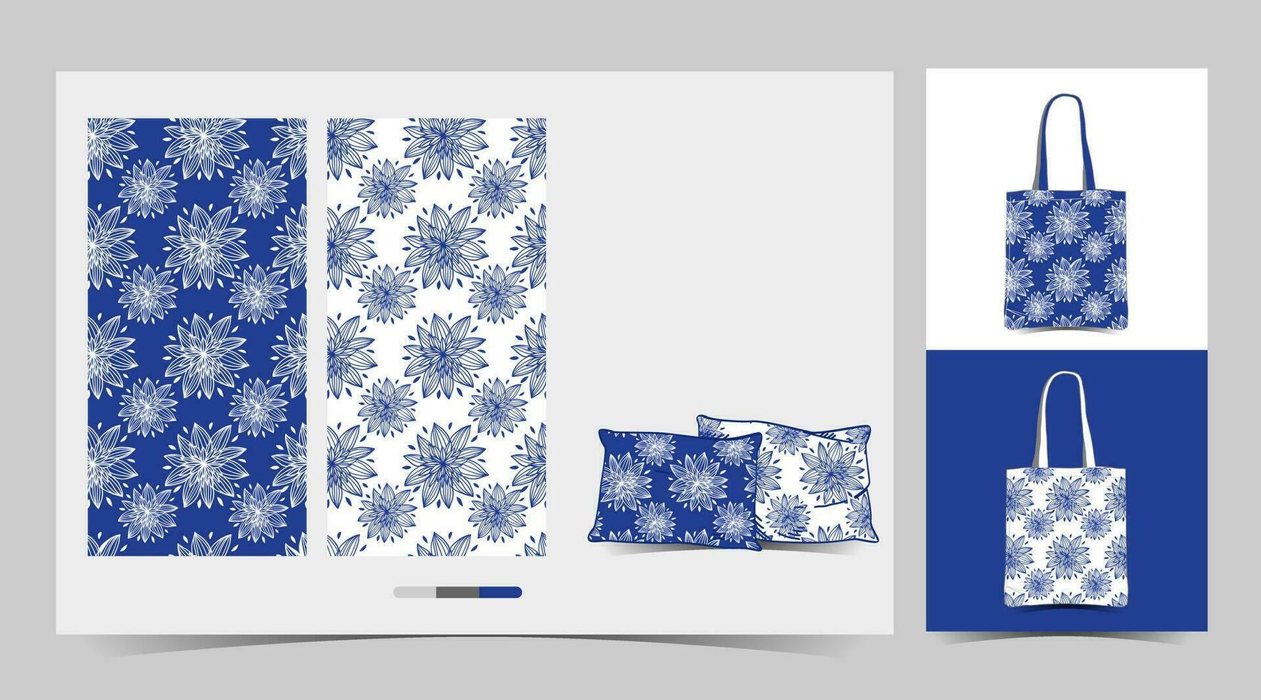 un azul y blanco modelo floral con un taza y bolso vector