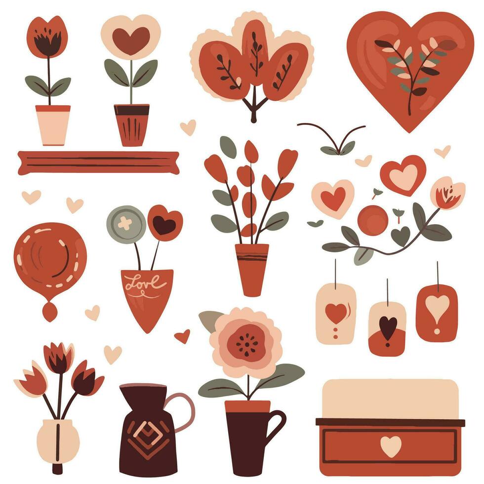 Set of  elements for Valentine's Day. Heart, car, balls, flowers, garland, sweets on a white background. Love stickers set. vector