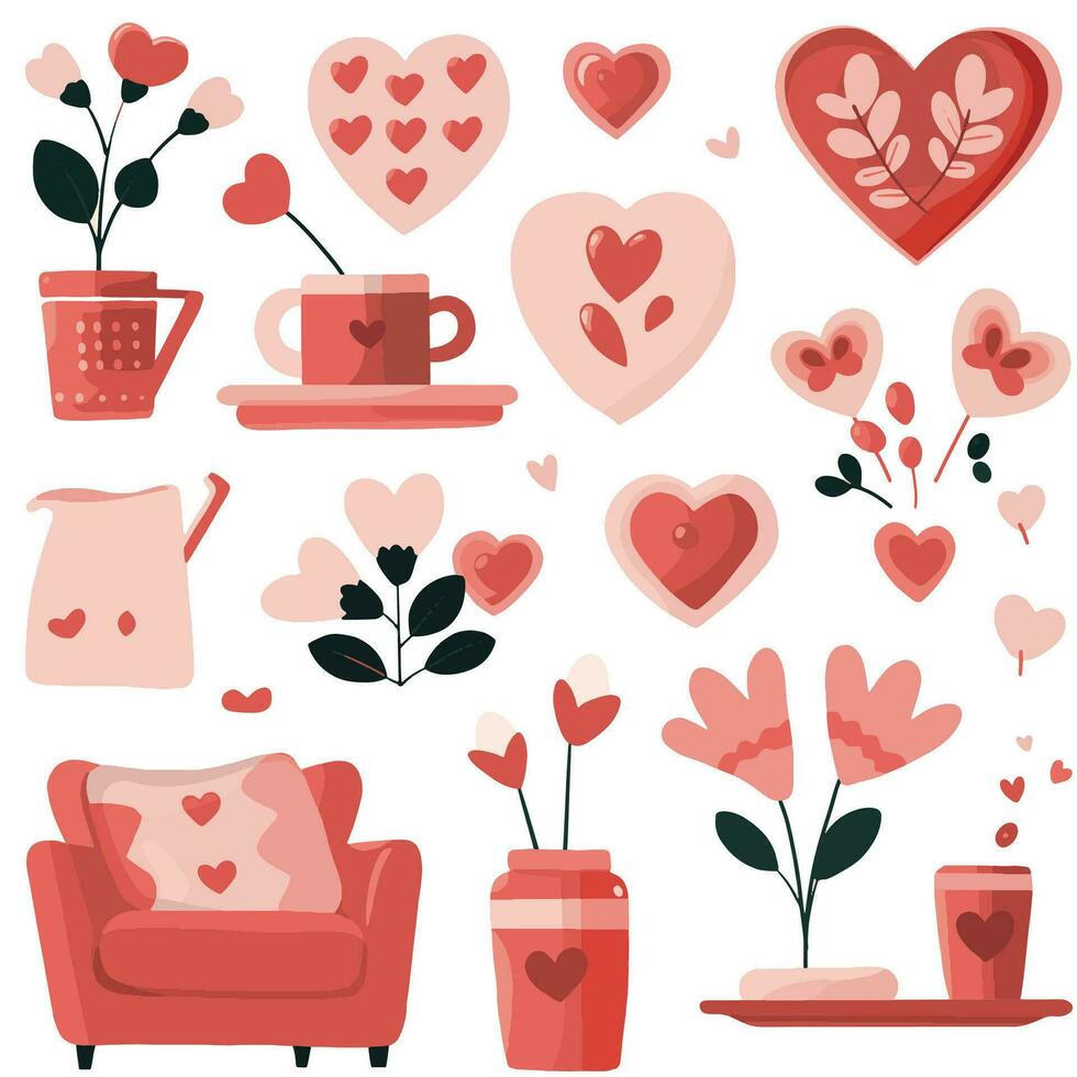 conjunto de elementos para San Valentín día. corazón, auto, pelotas, flores, guirnalda, dulces en un blanco antecedentes. amor pegatinas colocar. vector