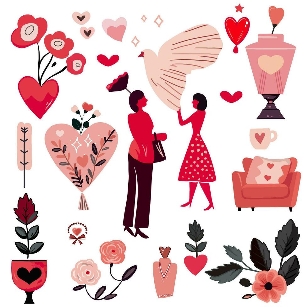 Set of  elements for Valentine's Day. Heart, car, balls, flowers, garland, sweets on a white background. Love stickers set vector