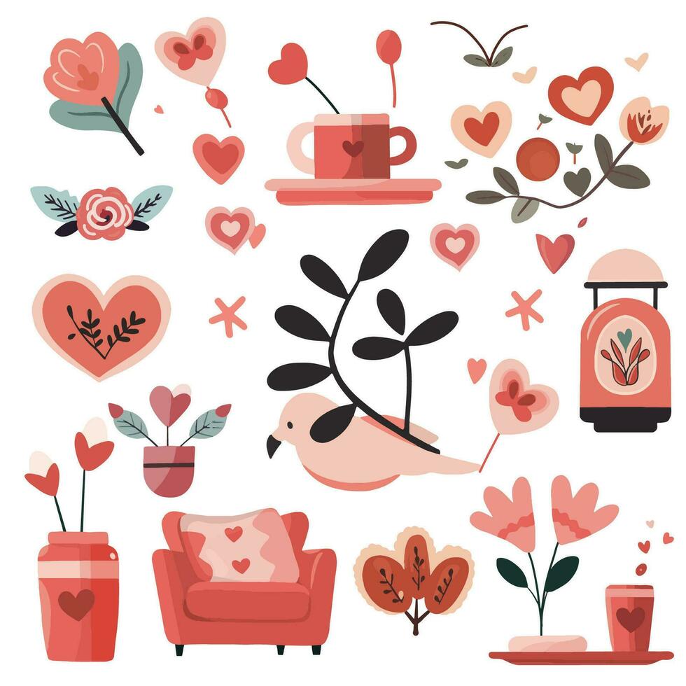 conjunto de elementos para San Valentín día. corazón, auto, pelotas, flores, guirnalda, dulces en un blanco antecedentes. amor pegatinas conjunto vector