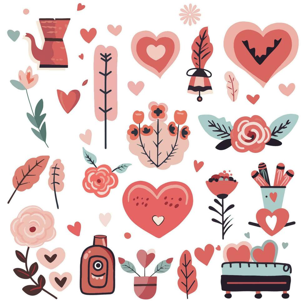 conjunto de elementos para San Valentín día. corazón, auto, pelotas, flores, guirnalda, dulces en un blanco antecedentes. amor pegatinas colocar. vector