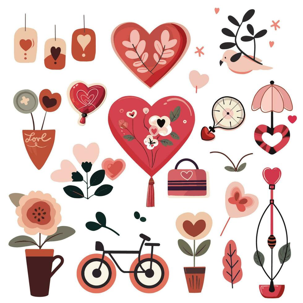 conjunto de elementos para San Valentín día. corazón, auto, pelotas, flores, guirnalda, dulces en un blanco antecedentes. amor pegatinas conjunto vector