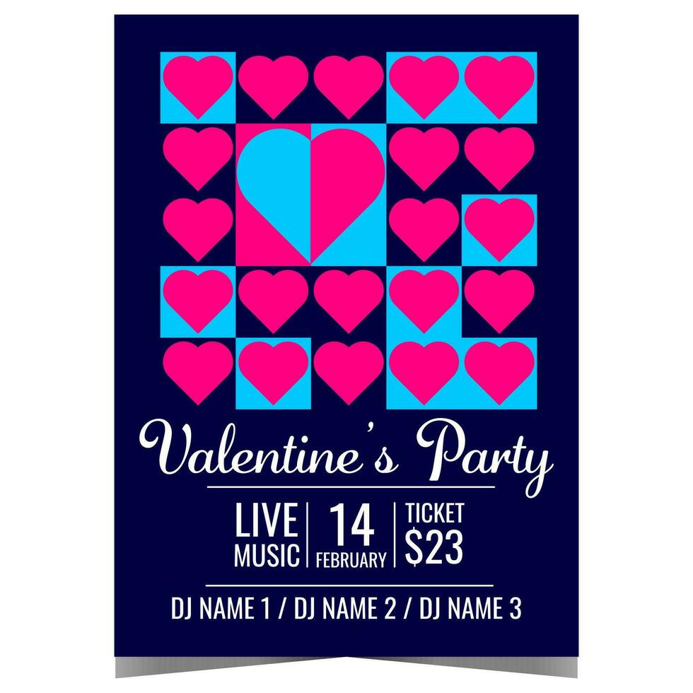 Valentine's party invitation with abstract geometric hearts to celebrate the Feast of Saint Valentine on February 14 in romantic and sentimental ambiance. Ready to print vector illustration.