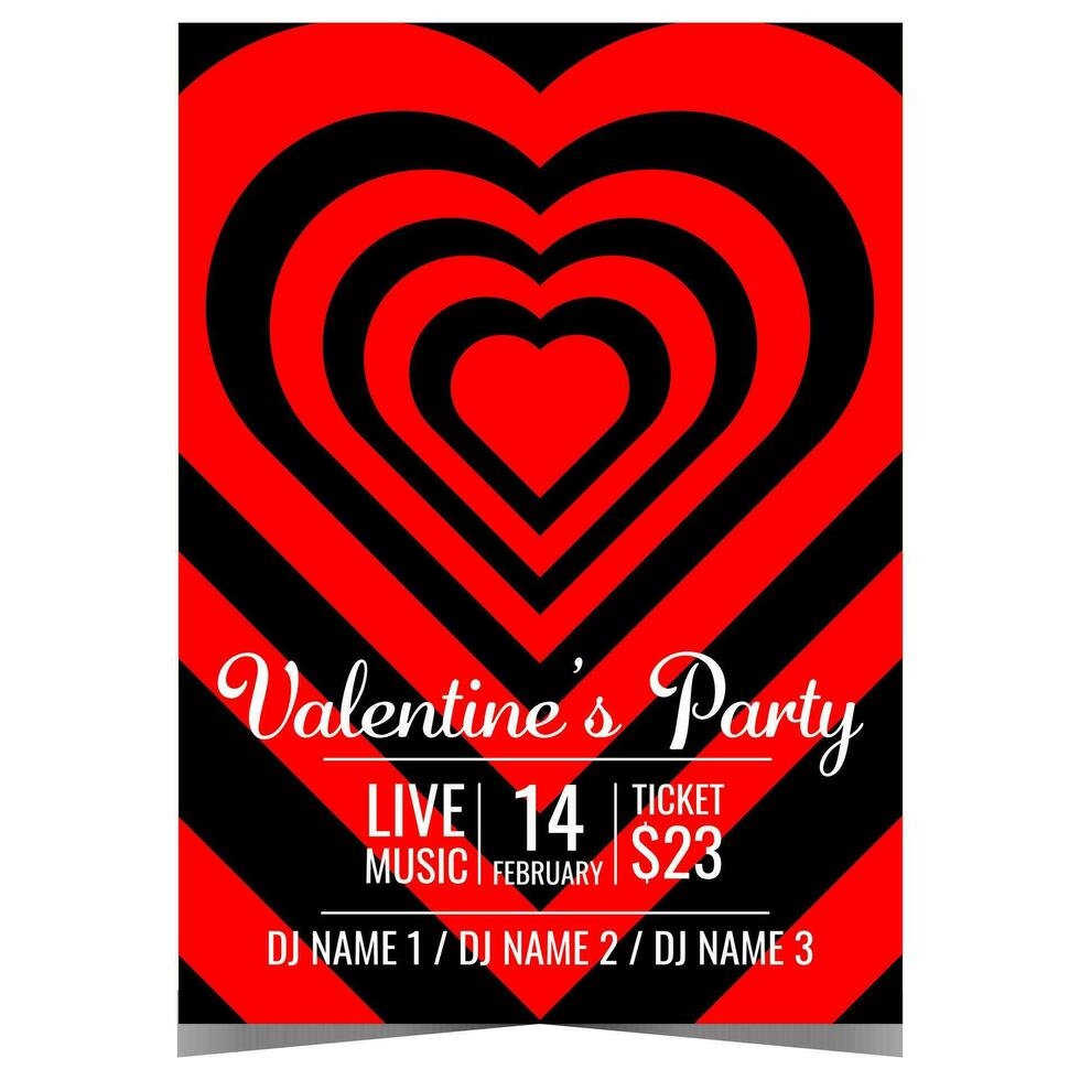 Valentine's party invite banner or poster with hypnotic abstract red hearts on black background. Invitation to celebrate the Feast of Saint Valentine on February 14 in disco night club. vector