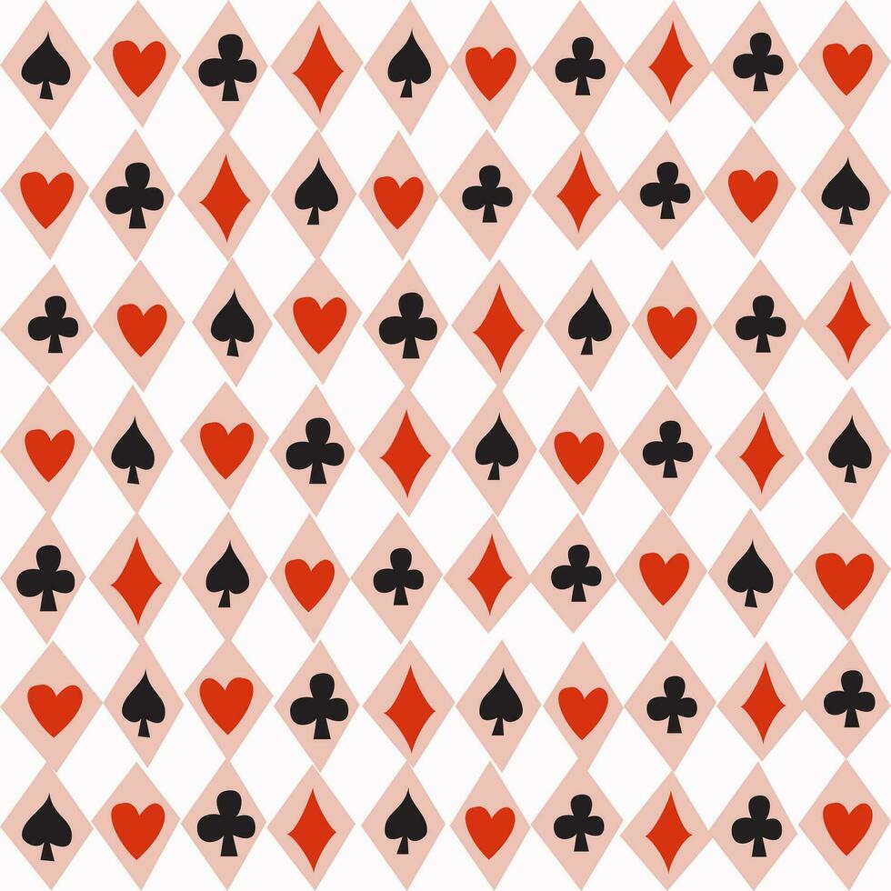 Seamless pattern with card suits - hearts, clubs, spades and diamonds. Casino gambling, poker background concept. Abstract colorful vector seamless pattern. Background with rhombus.