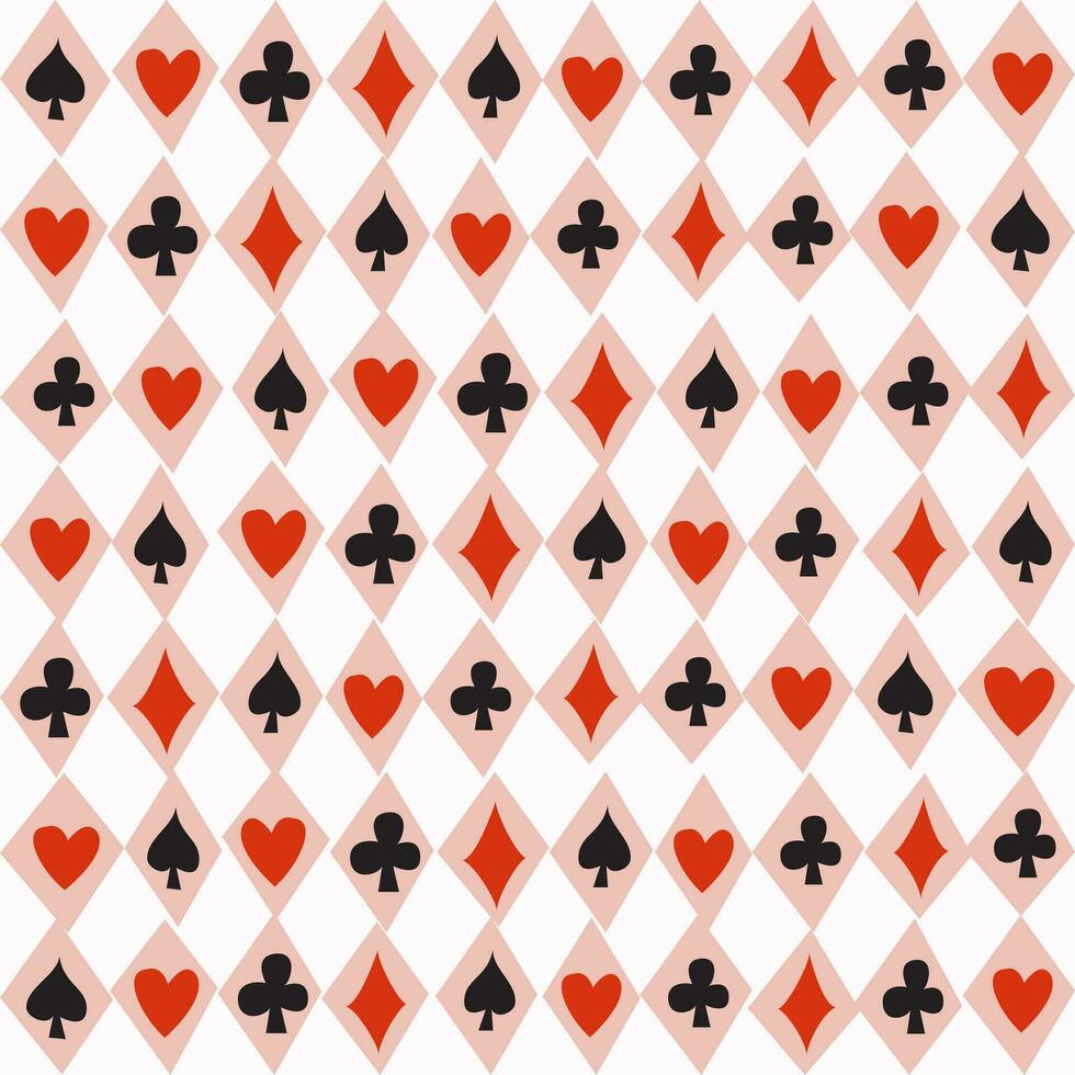 sin costura modelo con tarjeta trajes - corazones, clubs, espadas y diamantes casino juego, póker antecedentes concepto. resumen vistoso vector sin costura modelo. antecedentes con rombo.