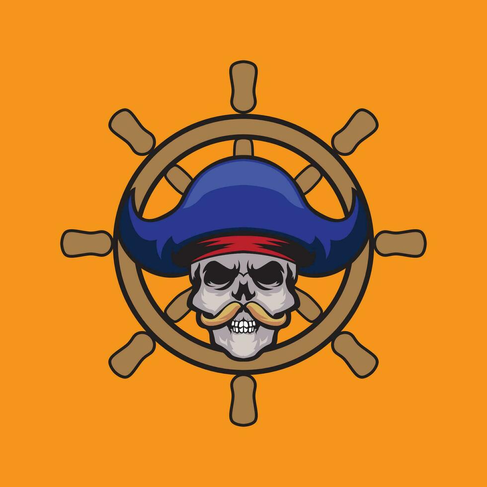 Skull pirate with moustache and ship wheel mascot vector