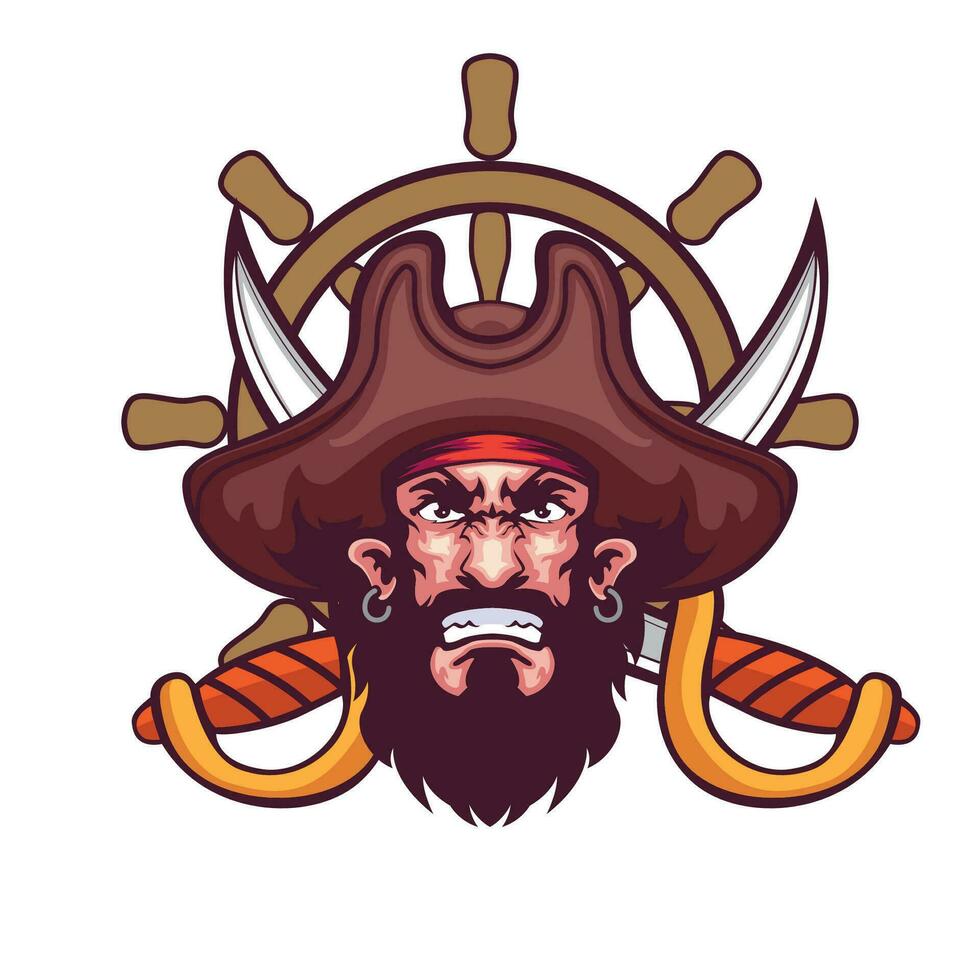 cabeza de pirata con espada un rueda Embarcacion mascota vector
