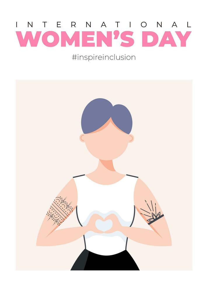 internacional De las mujeres día póster. inspirar inclusión 2024 campaña. mano dibujado vector ilustración de mujer en sin rostro plano estilo.