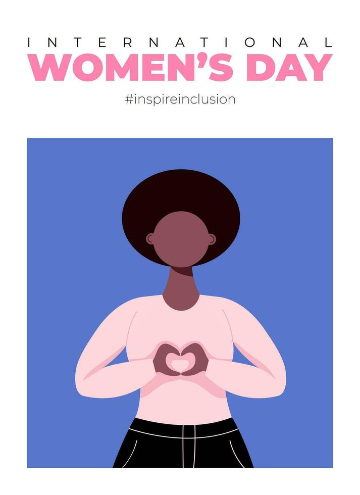 International Womens Day poster. Inspire inclusion 2024 campaign. Hand drawn vector illustration of woman in faceless flat style.