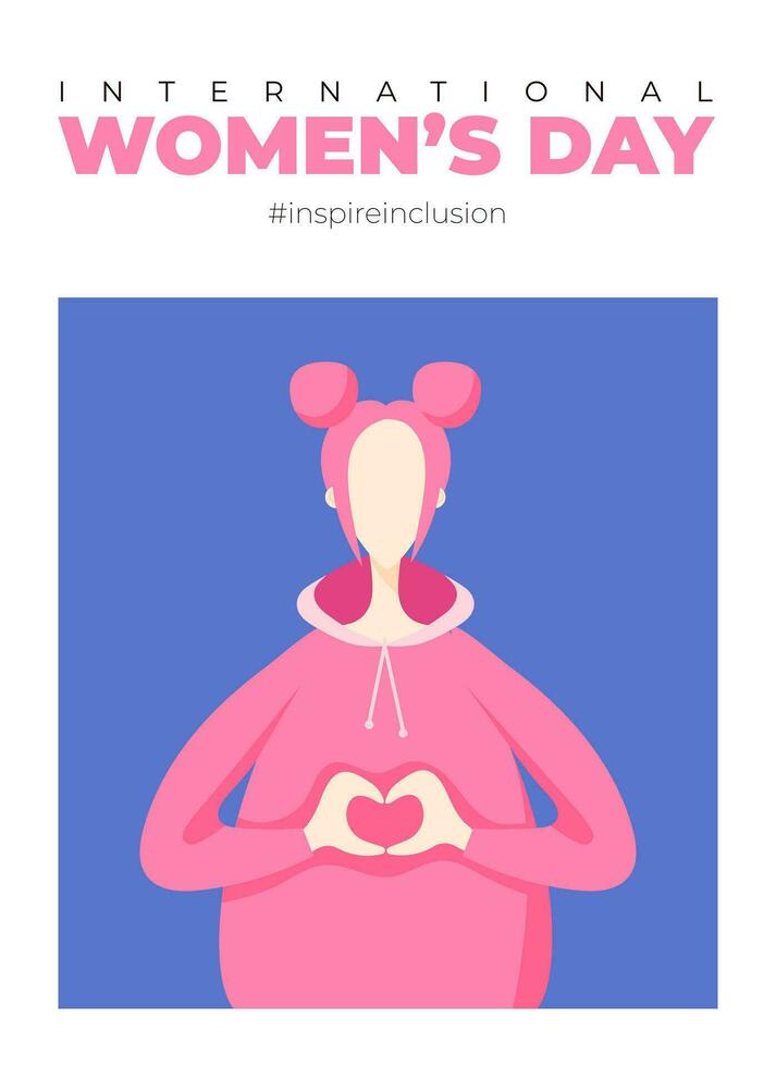 International Womens Day poster. Inspire inclusion 2024 campaign. Hand drawn vector illustration of woman in faceless flat style.