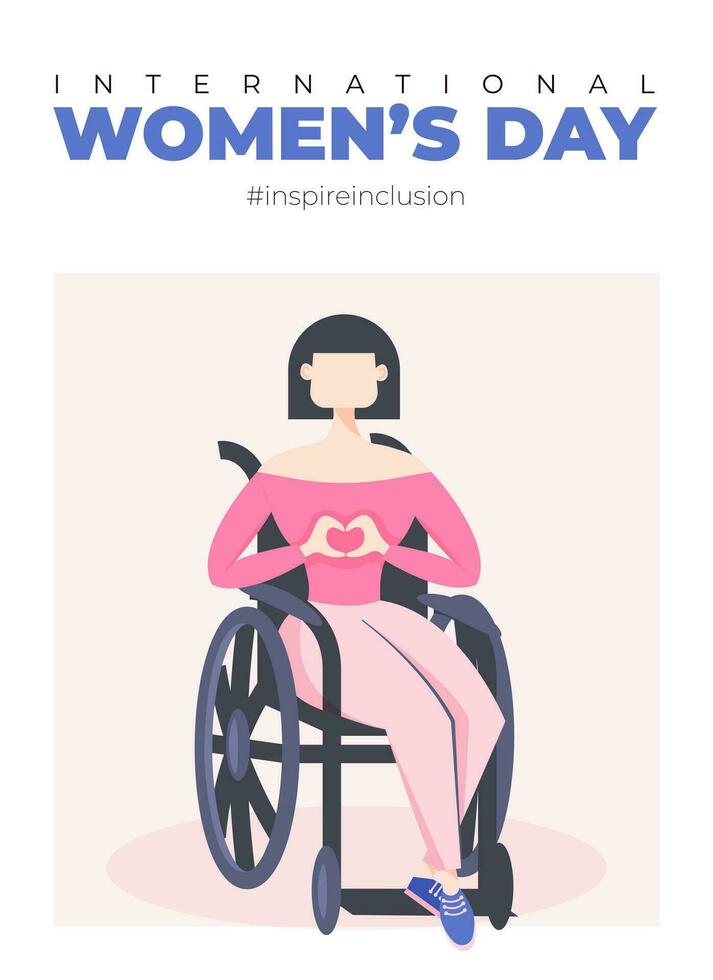 International Womens Day poster. Inspire inclusion 2024 campaign. Hand drawn vector illustration of woman in faceless flat style.
