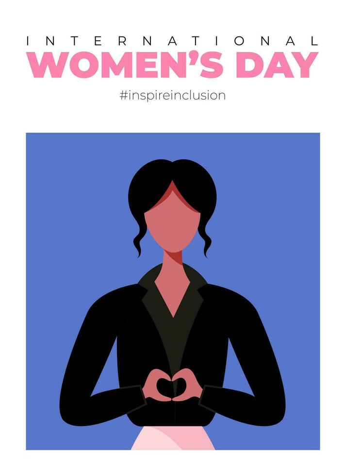 International Womens Day poster. Inspire inclusion 2024 campaign. Hand drawn vector illustration of woman in faceless flat style.