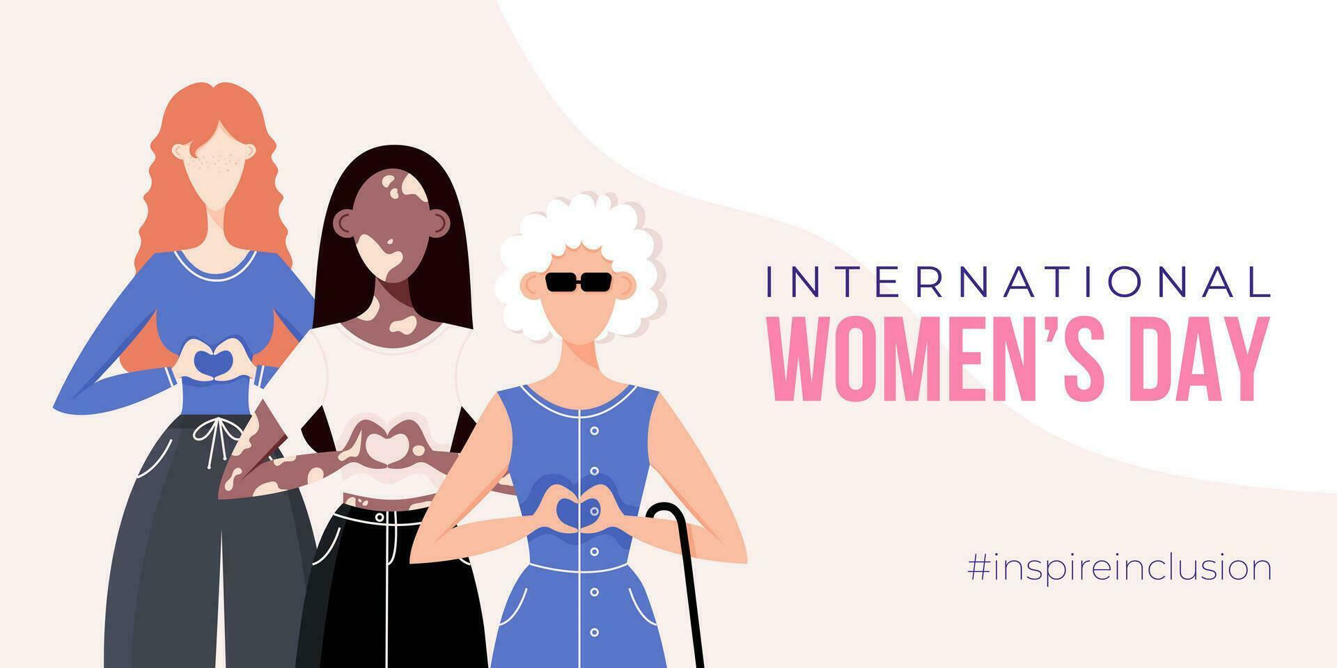 internacional De las mujeres día bandera, póster. inspirar inclusión campaña grupo de mujer en diferente etnicidad, edad, cuerpo tipo, habilidades, pelo color y más. vector ilustración en plano estilo.