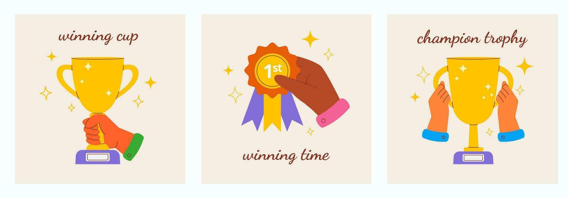 Winner cups, badge, first place greeting cards set vector