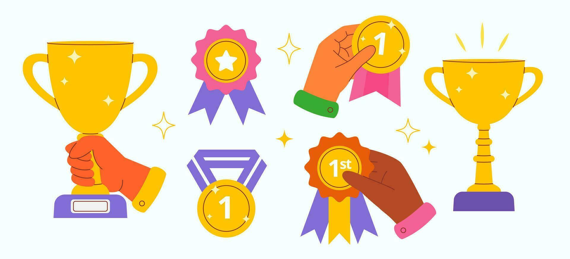 Diverse hands holding Winner golden cups, medals, badges vector