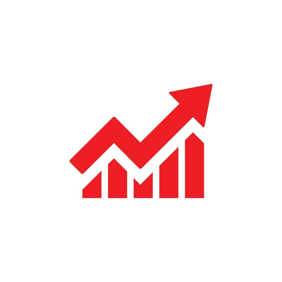 Single red vector arrow growing pointing up on chart graph bars icon isolated on white background.