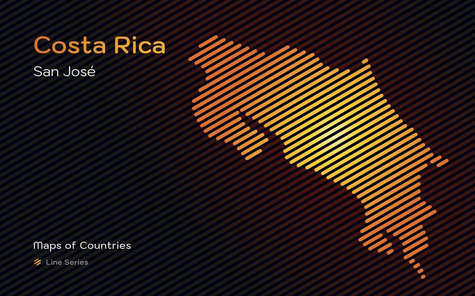 Costa Rica Gold Map with a capital of San Jose Shown in a Line Pattern. Stylized simple vector map