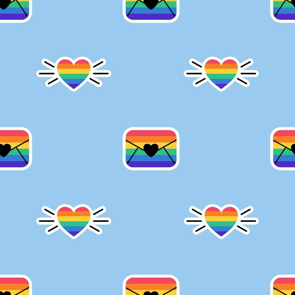 Seamless Pattern with Love message, envelope with heart in LGBT flag colors. Rainbow color mail icon. Texture with LGBT stickers in doodle style. LGBTQ, LGBT pride community Symbol. vector