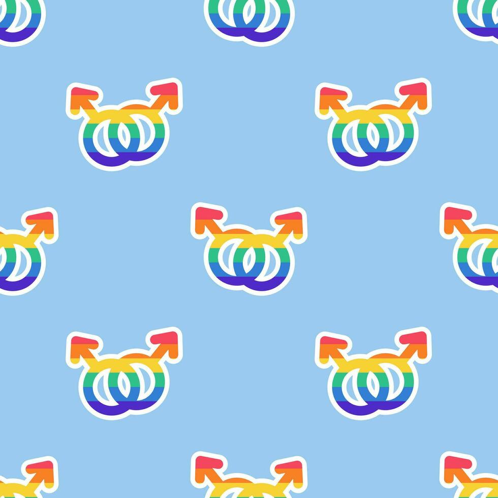 LGBT love seamless pattern. LGBT Love symbols in LGBT flag colors. Two male gender icons in Rainbow colors linked together. Gay couples Textile. LGBTQ, LGBT pride community Symbols texture. vector